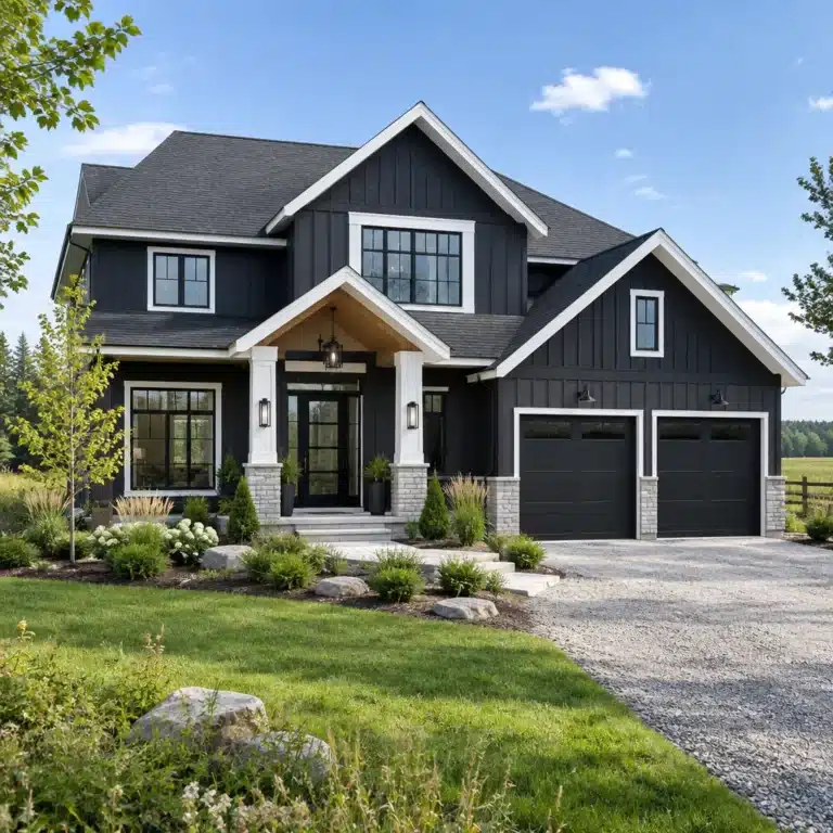 Custom home builders Alliston: a My Own Cottage two-storey custom home design Custom home builders Alliston: a My Own Cottage two-storey custom home design with a two-car garage on a rural lot
