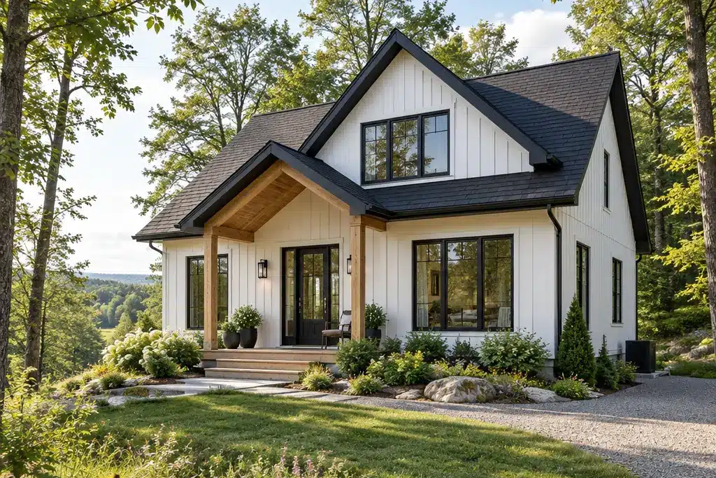 Custom home builders Aurora Ontario: a My Own Cottage custom home design with white board-and-batten siding, a timber-frame front porch and black-framed windows on a rolling, tree-lined lot