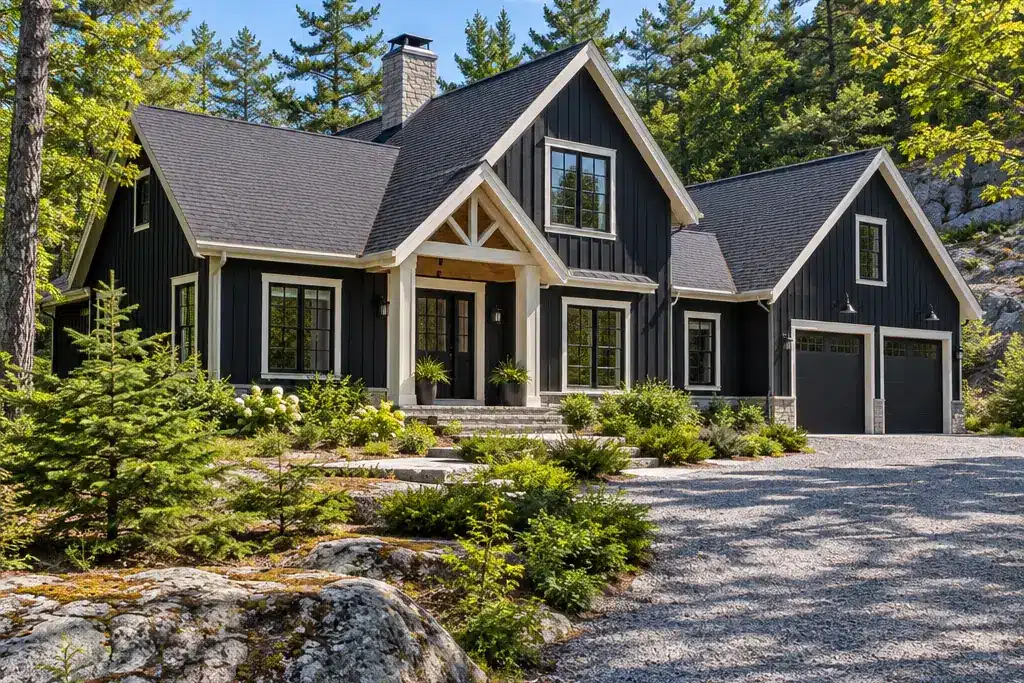 Custom home builders Huntsville Ontario: a My Own Cottage custom home on a rural granite lot with a gravel drive