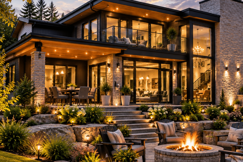 Custom home builders Orillia – contemporary two-storey home design with stonework, dark cladding, expansive windows and landscaped outdoor living area.