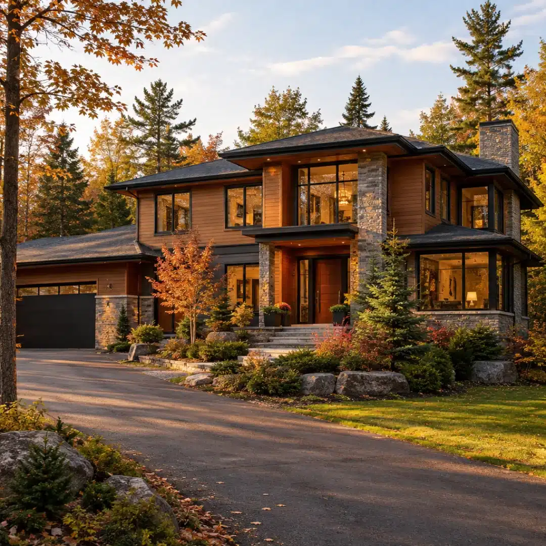 Custom home builders Ottawa – My Own Cottage two-storey home design with wood siding, stone columns and black-framed windows on a treed lot in autumn