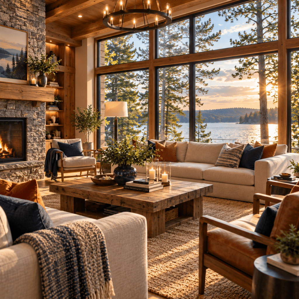 Custom homes Bracebridge – luxury living room with stone fireplace, timber ceiling, floor-to-ceiling windows and waterfront views.