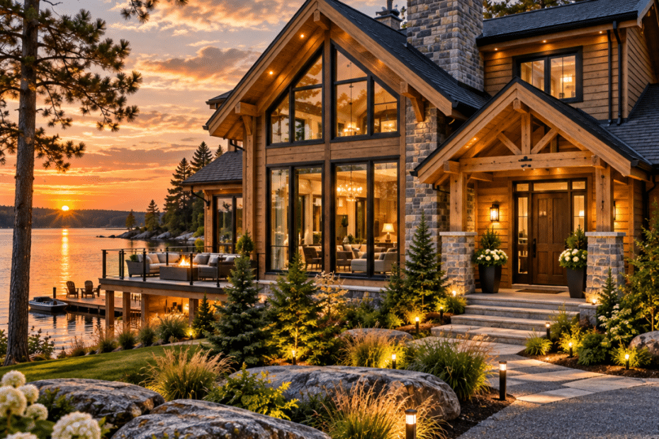 Custom homes Bracebridge – timber and stone waterfront home design with expansive glazing, landscaped entrance and lakeside deck.