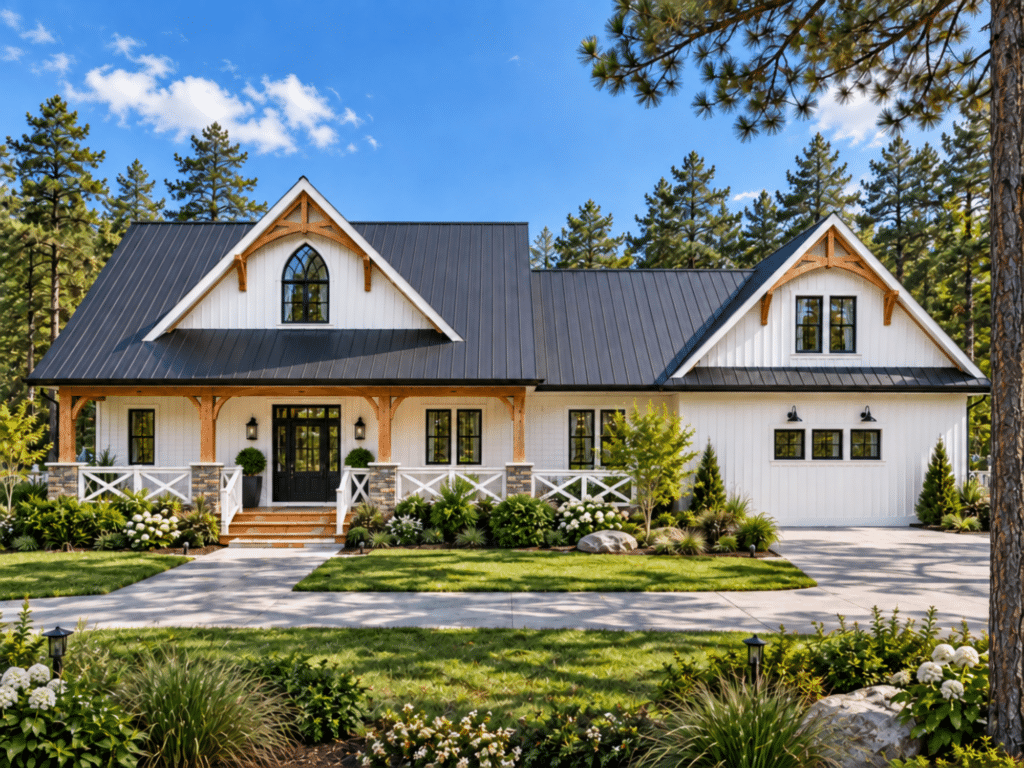 Excelsior exterior daytime view of a stylish cottage-home with white board-and-batten siding, black metal roof, timber porch accents, attached garage, and landscaped front yard.