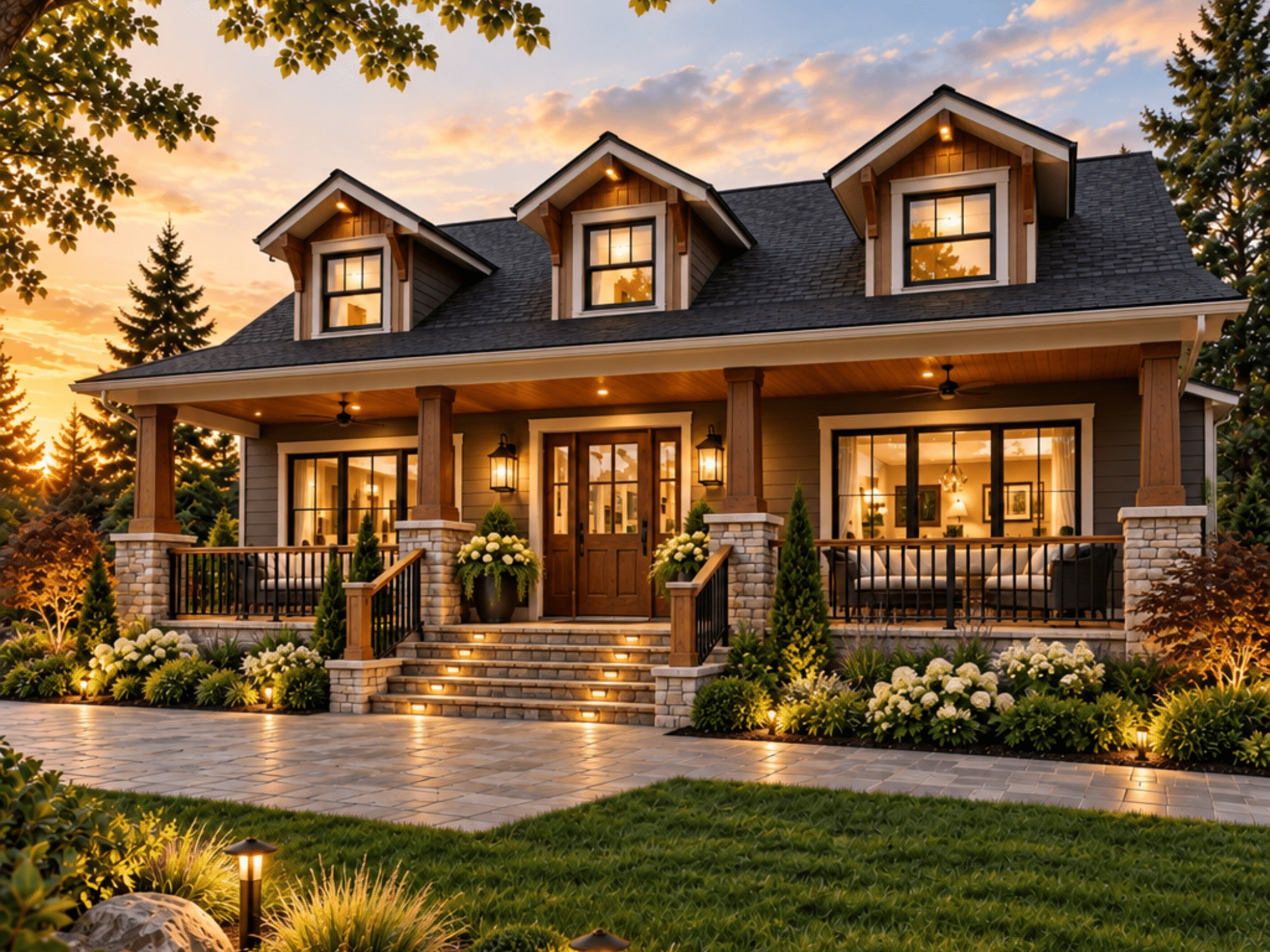 Fern Gully exterior with a covered front porch, three dormer windows, timber columns, stone accents, dark roof, and landscaped cottage-home setting