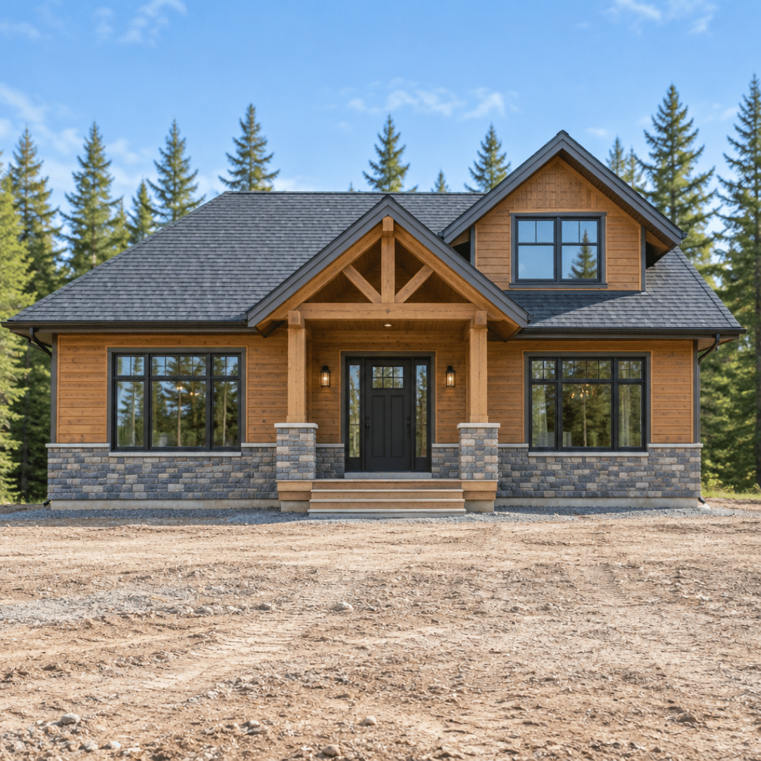 Hamilton custom home builders exterior of a luxury cottage-style home on a freshly graded building site surrounded by forest.