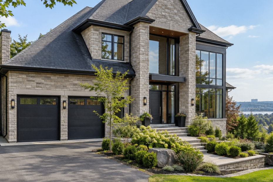 Hamilton custom home builders – luxury two-storey home with natural stone exterior, black-framed windows, double garage and landscaped entrance.