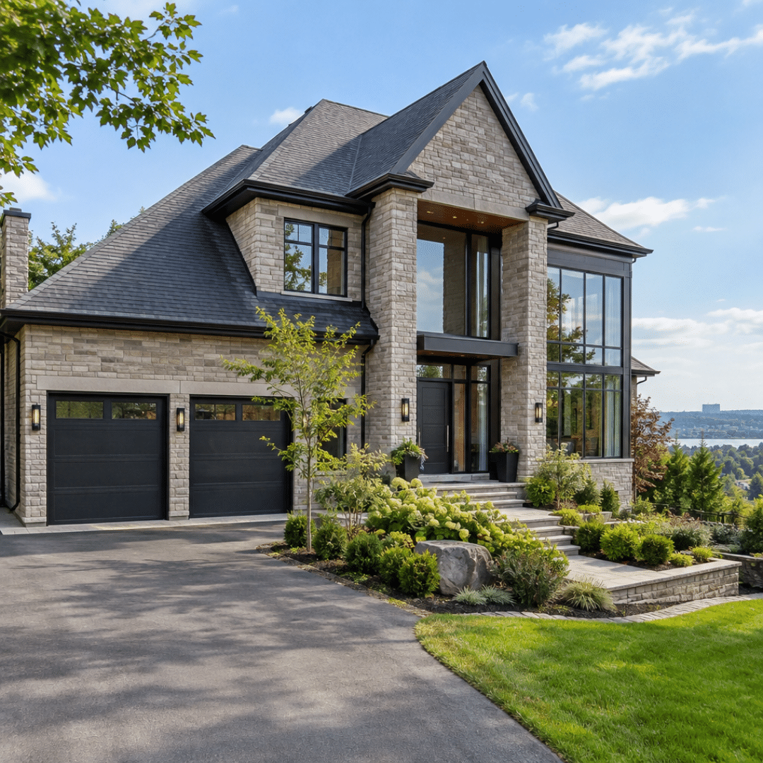Hamilton custom home builders – luxury two-storey home with natural stone exterior, black-framed windows, double garage and landscaped entrance.