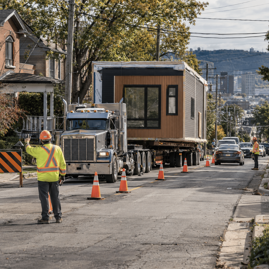 Hamilton custom home builders delivering a factory-built home module on a residential street with traffic control in place.