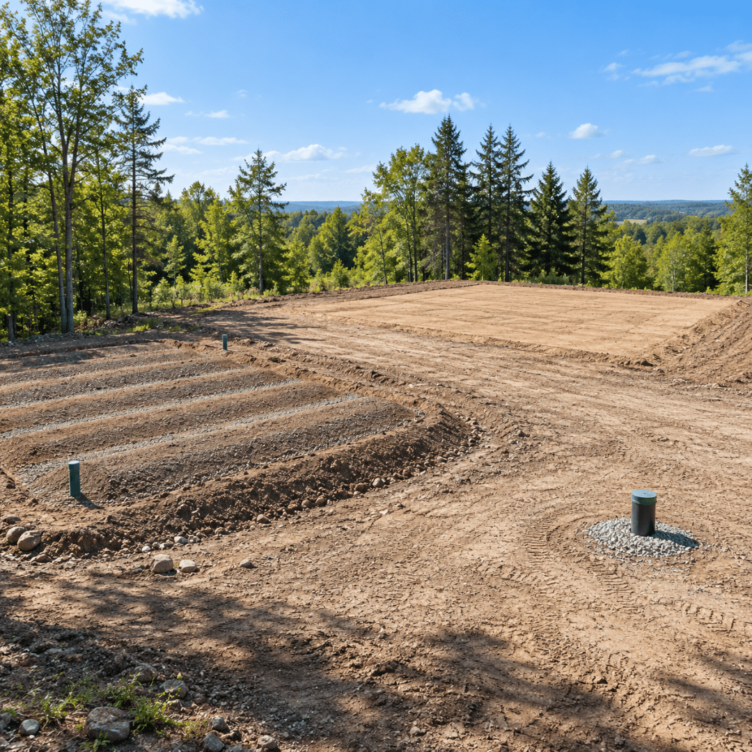 Hamilton custom home builders rural building lot with a graded septic bed, capped well head, and levelled building pad before construction.