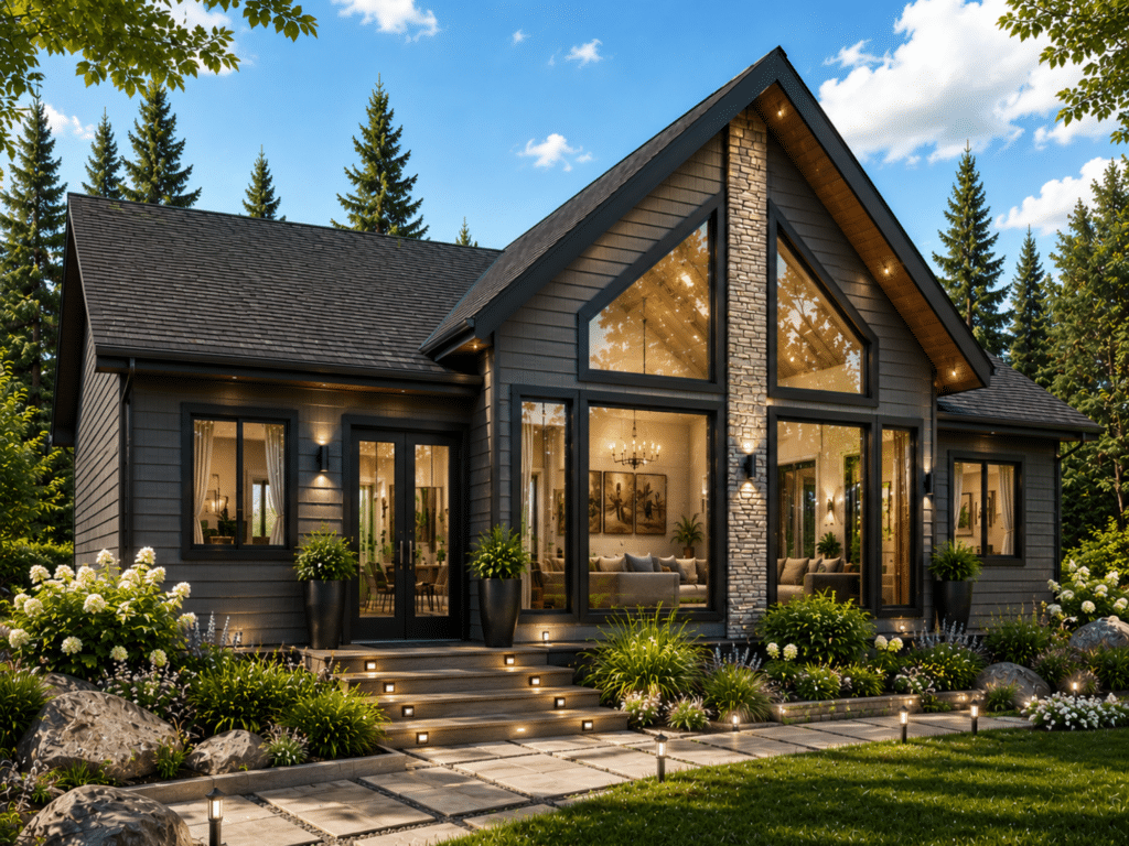 Harbour Side cottage-home model with dark grey siding, vaulted front glazing, central stone chimney and landscaped entrance.
