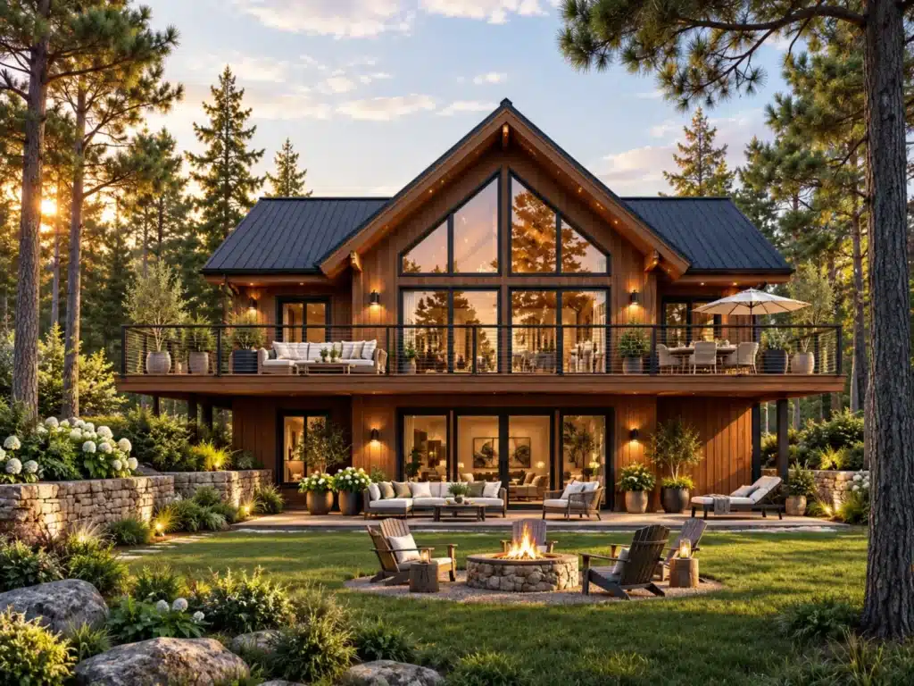 Harbourside II exterior with a dramatic rear elevation, expansive glazing, upper deck, walkout lower level, and landscaped outdoor living area.