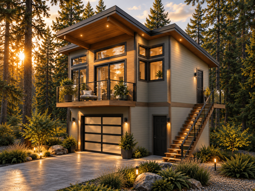 Haven exterior featuring a modern cottage-home design with an elevated upper living level, attached garage, wood soffits, black-framed windows, and a private balcony set in a forested landscape.