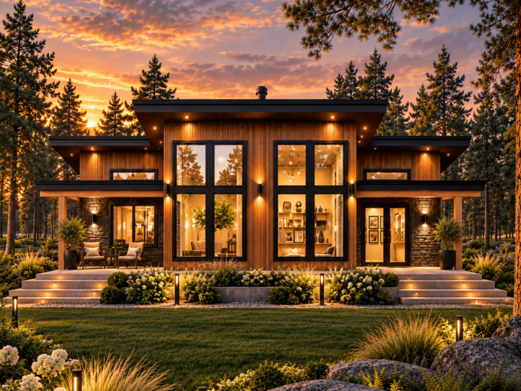 Hudson exterior with warm vertical wood siding, black-framed windows, stone accents, covered porches and landscaped grounds at sunset.