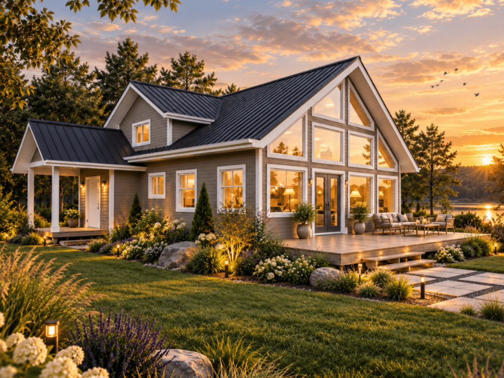 Lily of the Valley exterior showing a modern cottage home with expansive front glazing, a covered entry, landscaped yard, and a lakeside sunset setting