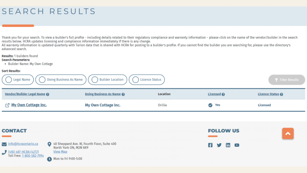 Screenshot of the Ontario Builder Directory public listing for My Own Cottage Inc., showing licence status
