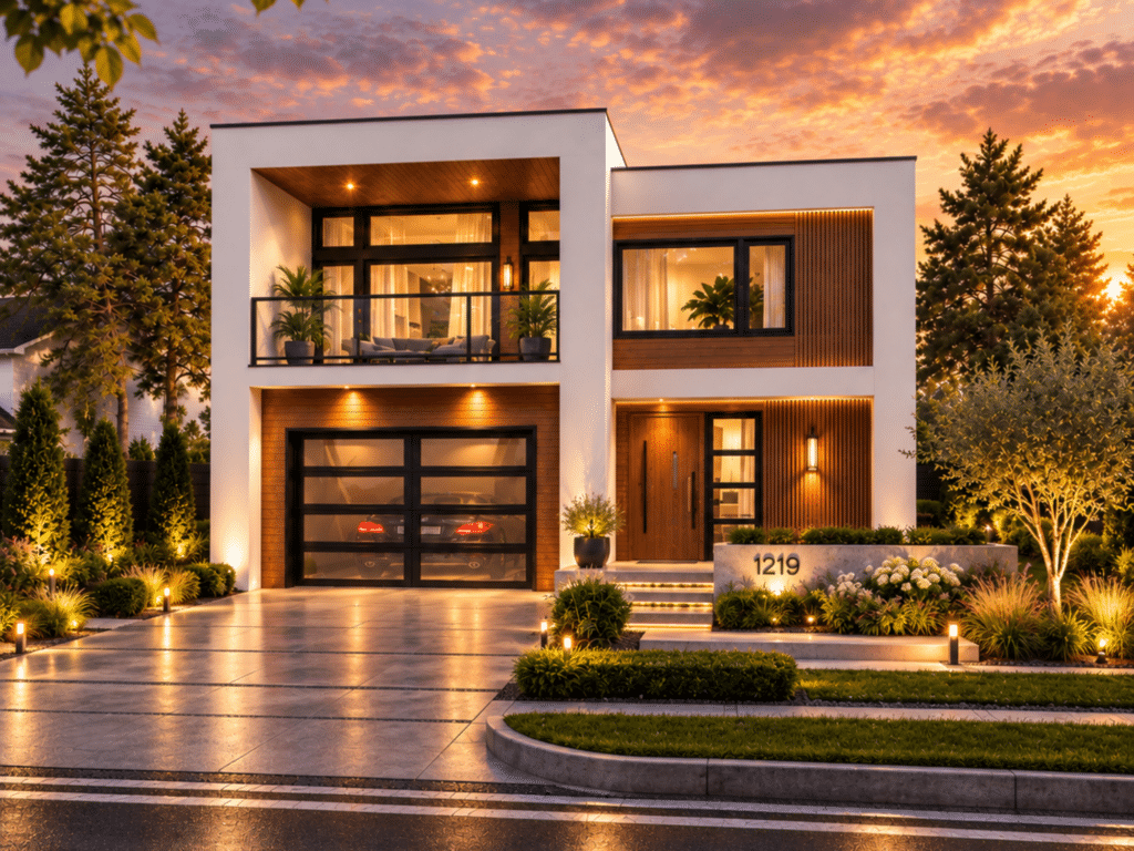 Modern Living exterior with white architectural framing, warm wood cladding, black-framed windows, an upper balcony, integrated garage and landscaped entry.