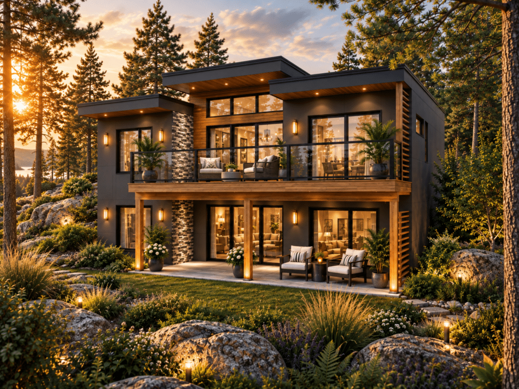 Montebello exterior showing a modern two-storey cottage-home with flat rooflines, expansive glazing, an upper deck, and landscaped woodland surroundings at golden hour