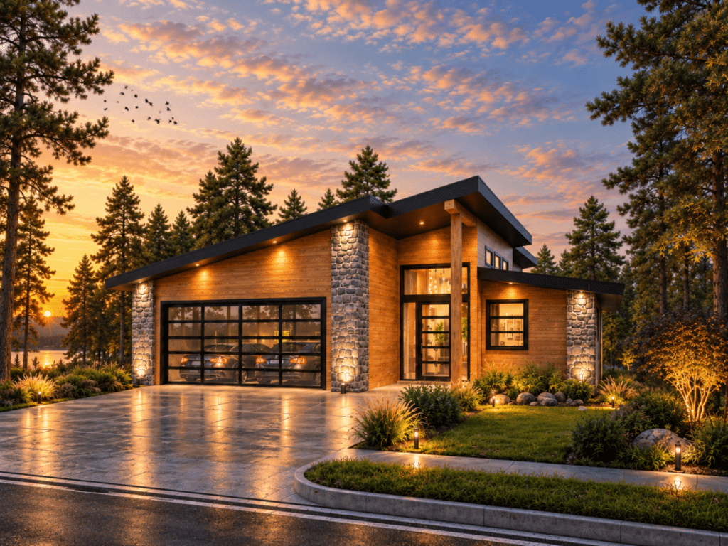 Muskoka exterior showing a modern cottage-home with warm wood siding, stone accents, black-framed glazing, attached garage, and landscaped forest setting.