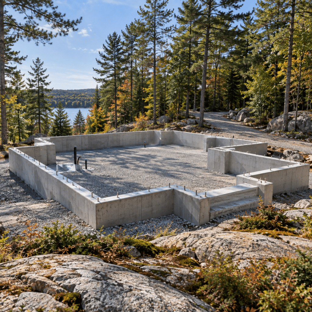 Muskoka home builders – concrete home foundation prepared on a rocky wooded lot with exposed granite, pines and gravel access.