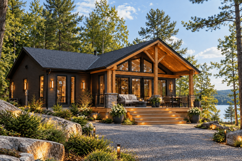 Muskoka home builders – modern timber and dark-clad home with expansive glazing, stone accents and landscaped approach on a wooded rocky lot.