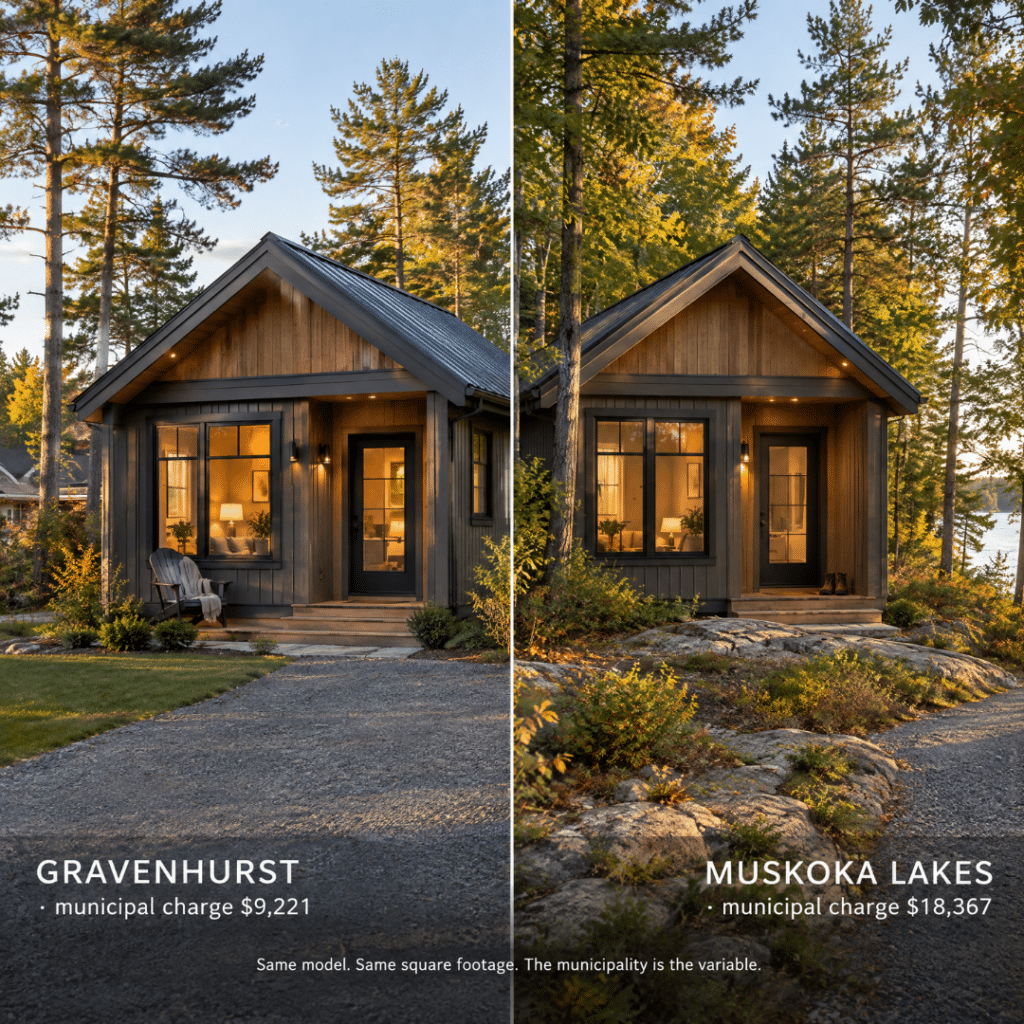 Muskoka home builders – identical home model shown on Gravenhurst and Muskoka Lakes lots, comparing different municipal charges.
