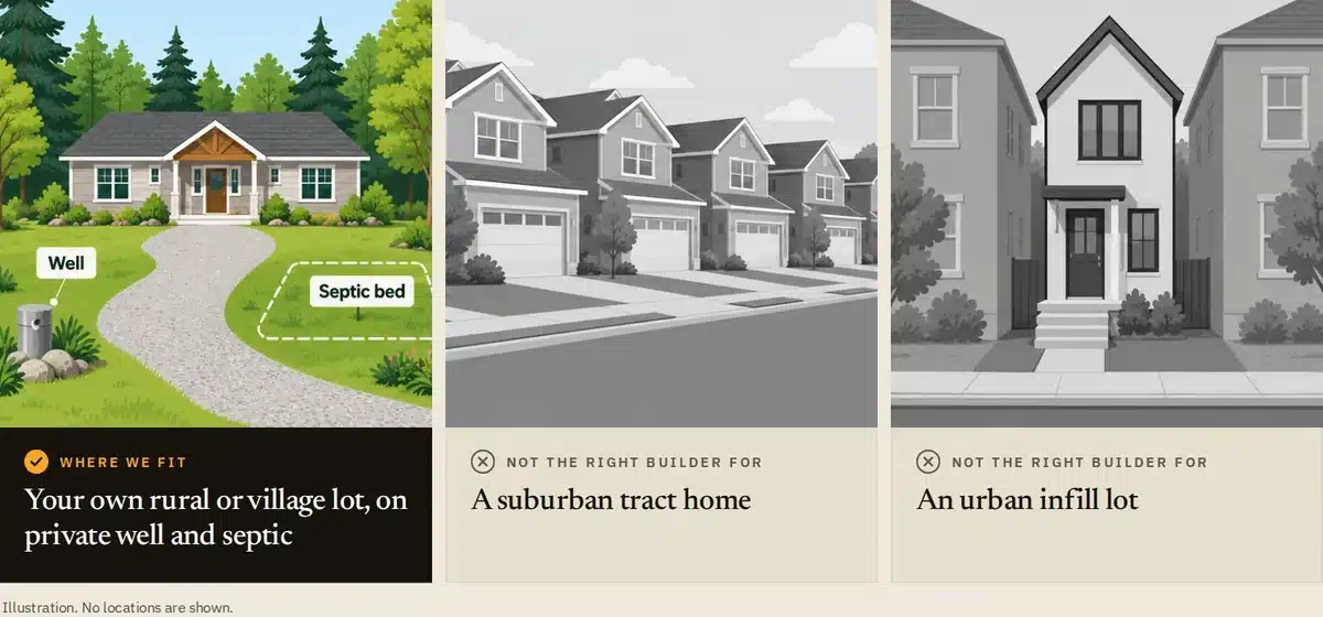 Illustration of lot fit for an Ottawa home build: a rural lot on private well and septic, not a tract home or infill lot