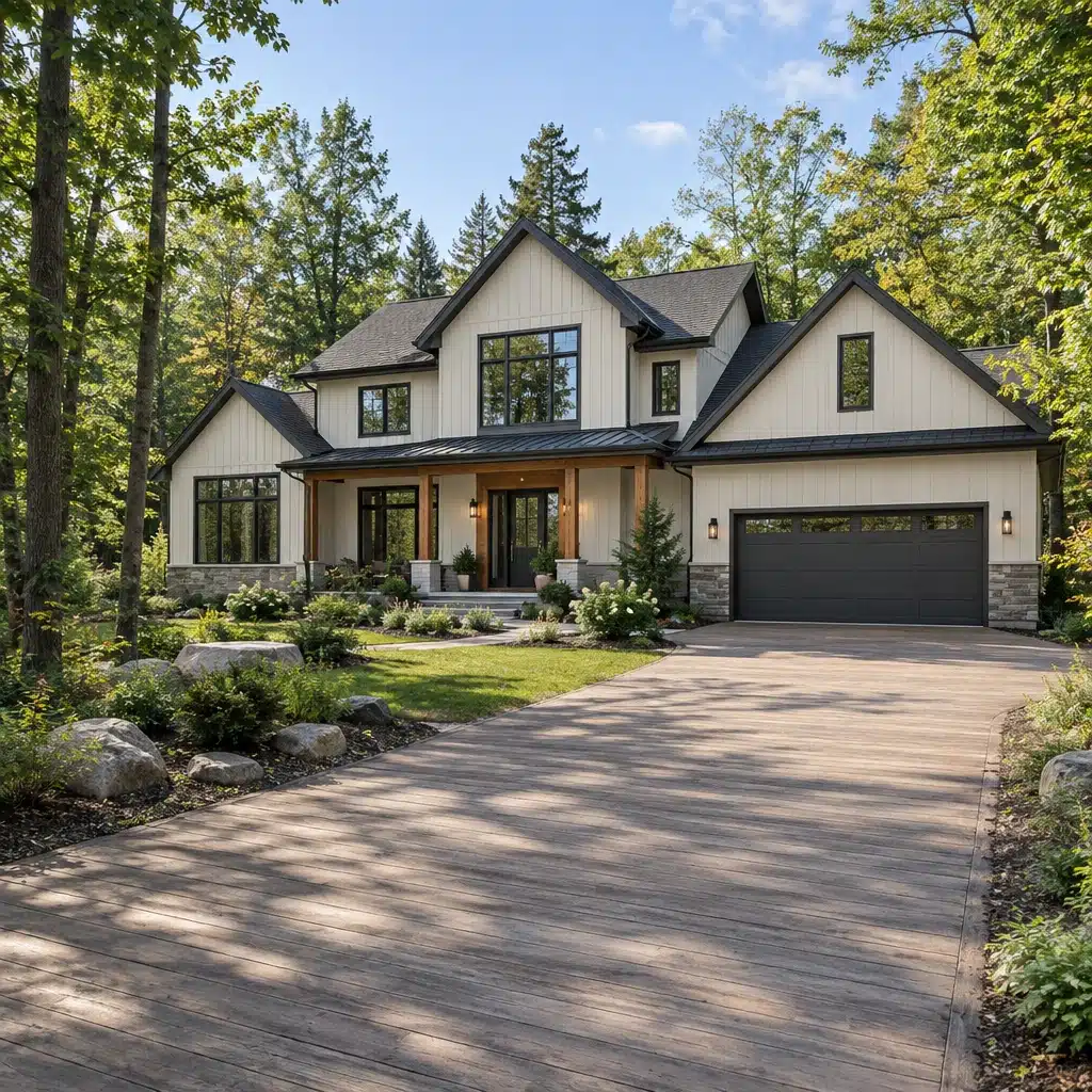 Custom home builders Niagara: two-storey year-round home built by My Own Cottage, with board-and-batten siding, a timber-post porch and a two-car garage