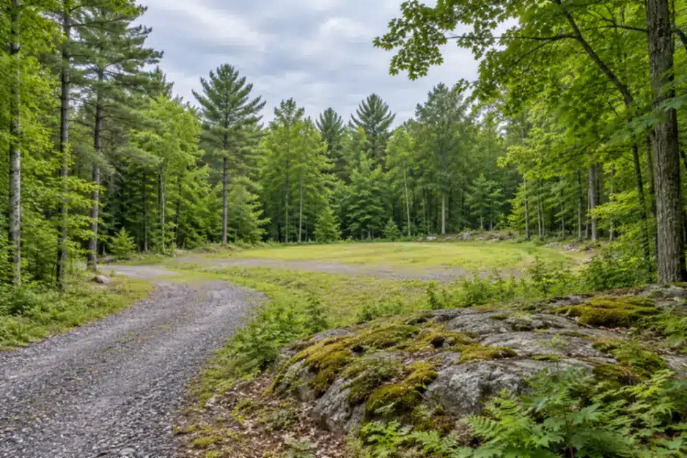 Kingston Ontario custom home builders: a rural lot before the build Kingston Ontario custom home builders lot: treed rural lot with a gravel access drive and a cleared building area