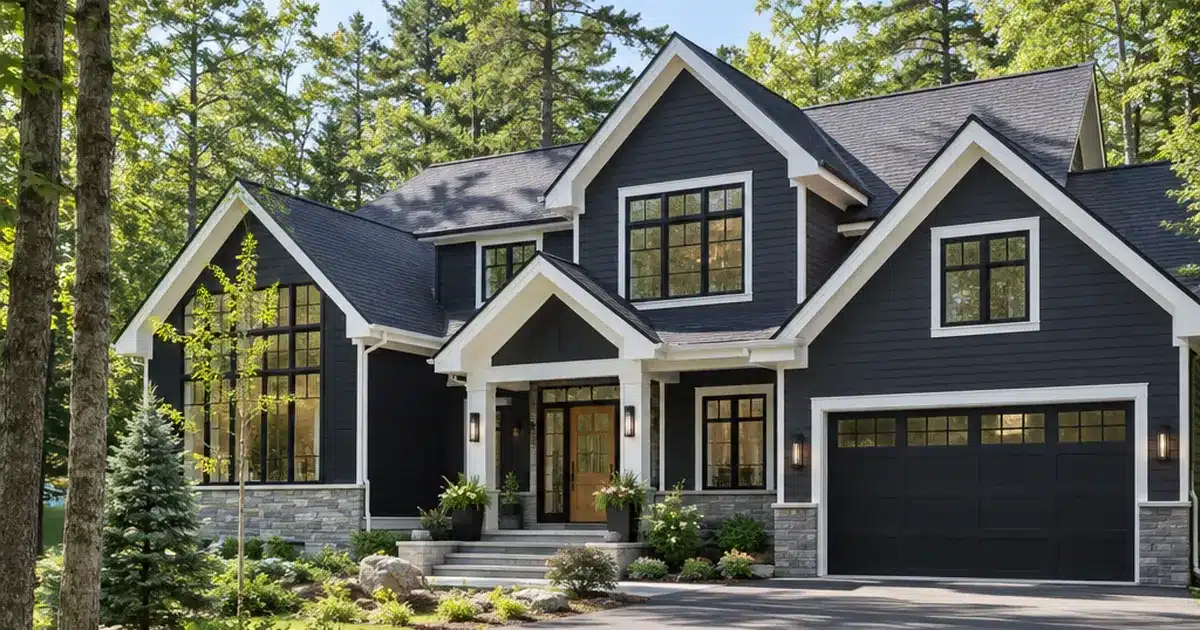 Kingston Ontario custom home builders photograph of a year-round two-storey home with charcoal siding on a wooded rural lot