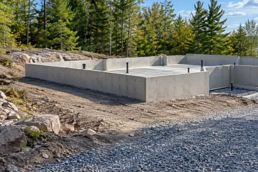 Kingston Ontario custom home builders: foundation and site preparation Kingston Ontario custom home builders foundation: concrete foundation on a cleared rural lot with a gravel drive
