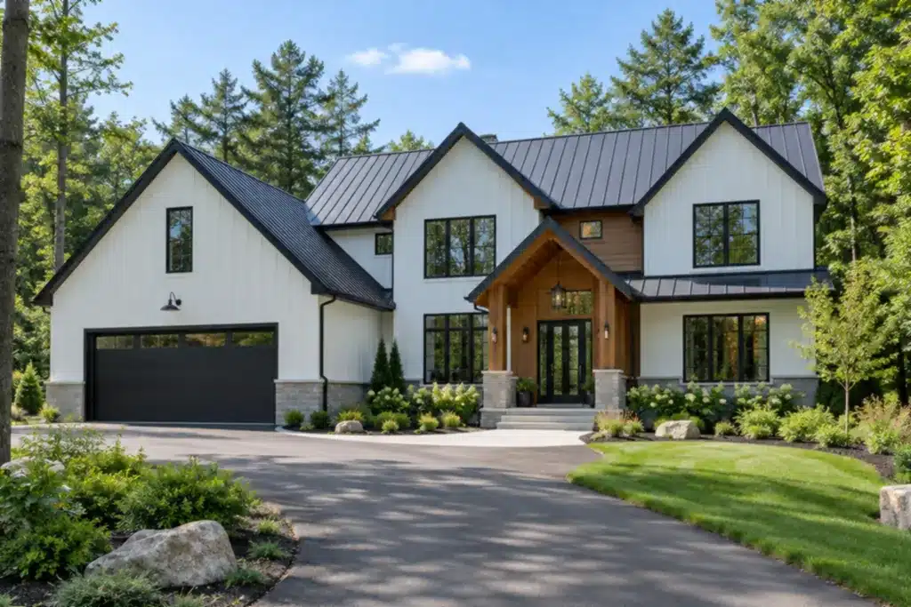 Kingston Ontario custom home builders: year-round two-storey home with white board-and-batten siding and a black metal roof