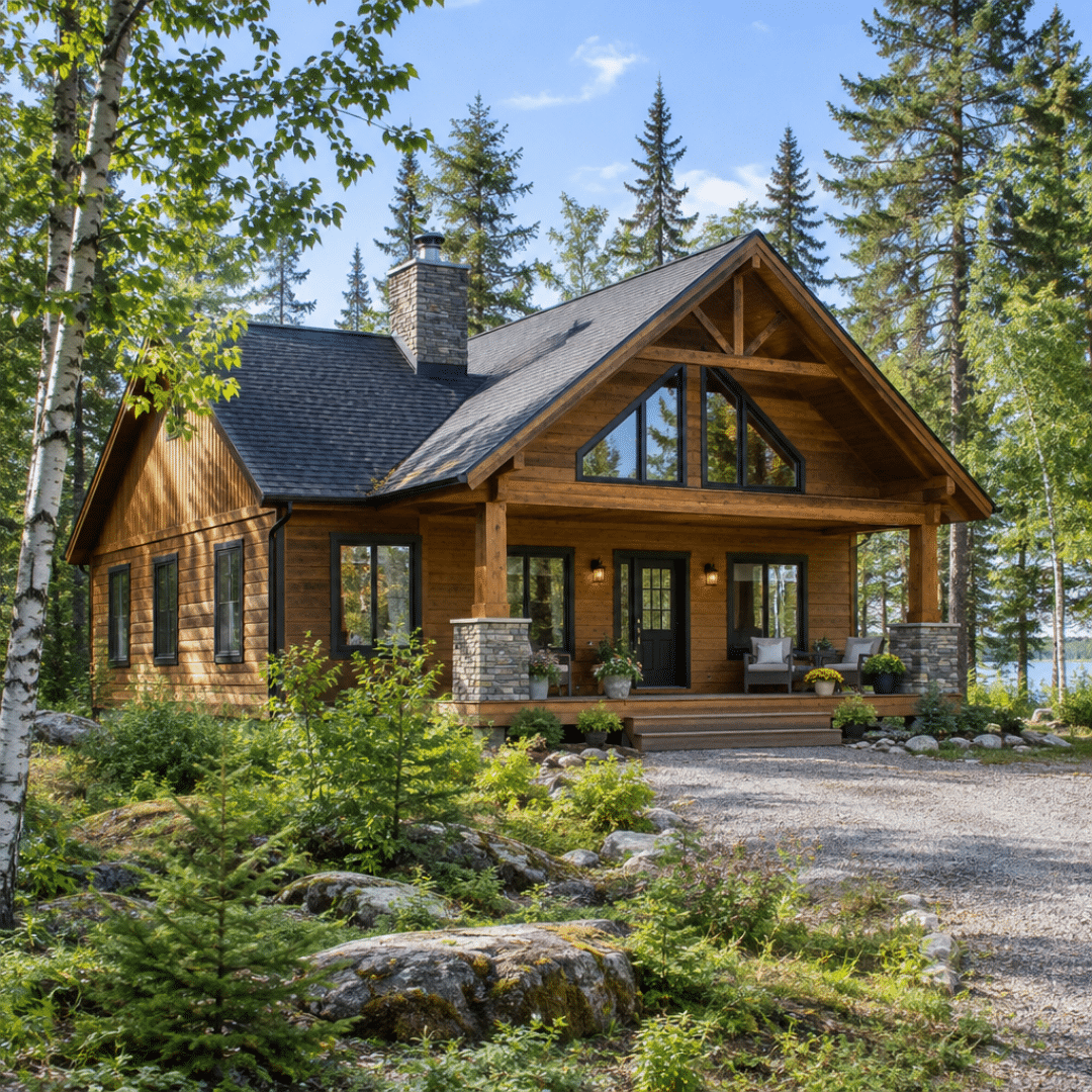 New home builders Collingwood – timber-clad home with stone columns, covered entrance and expansive glazing on a wooded, rocky lot.