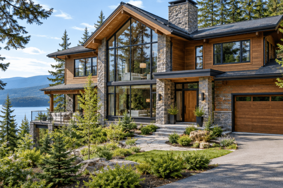 New home builders Collingwood – luxury two-storey home with timber siding, natural stone, expansive glazing and attached garage on a wooded rocky lot.