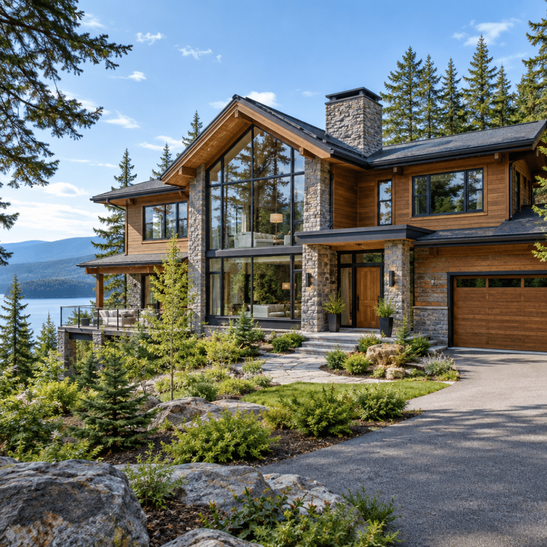 New home builders Collingwood – luxury two-storey home with timber siding, natural stone, expansive glazing and attached garage on a wooded rocky lot.