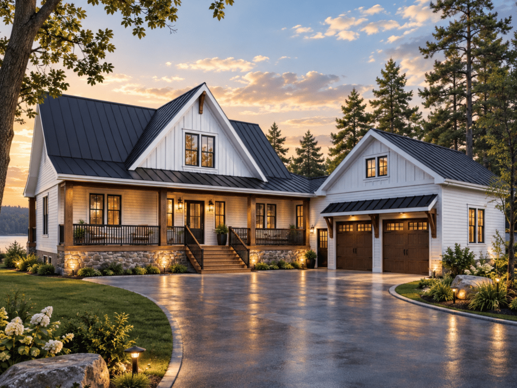 North Star exterior of a modern farmhouse cottage-home with a covered front porch, double garage, black metal roof, stone skirting, and warm evening landscape lighting