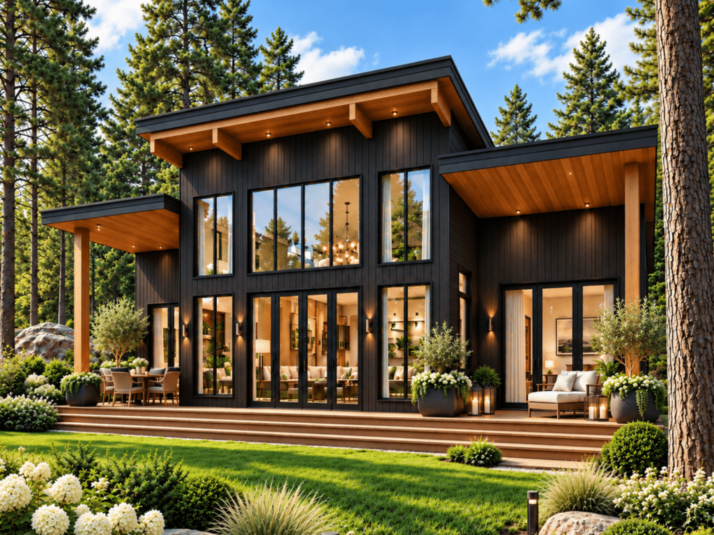 Solaris exterior of a modern luxury cottage-home with dark charcoal cladding, expansive windows, warm wood accents, covered outdoor living areas, and a bright pine-forest setting
