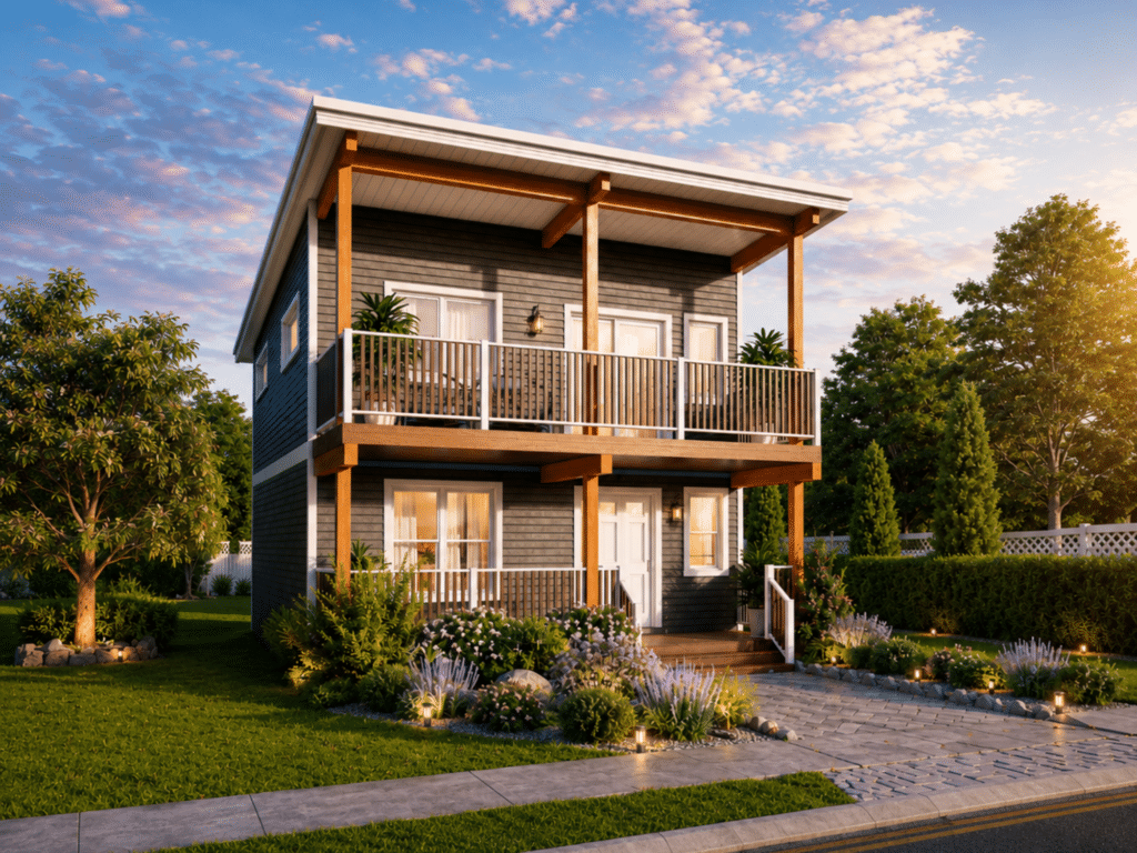Sunnyside cottage-home exterior with a two-storey front porch, upper balcony, warm wood posts and landscaped front yard.