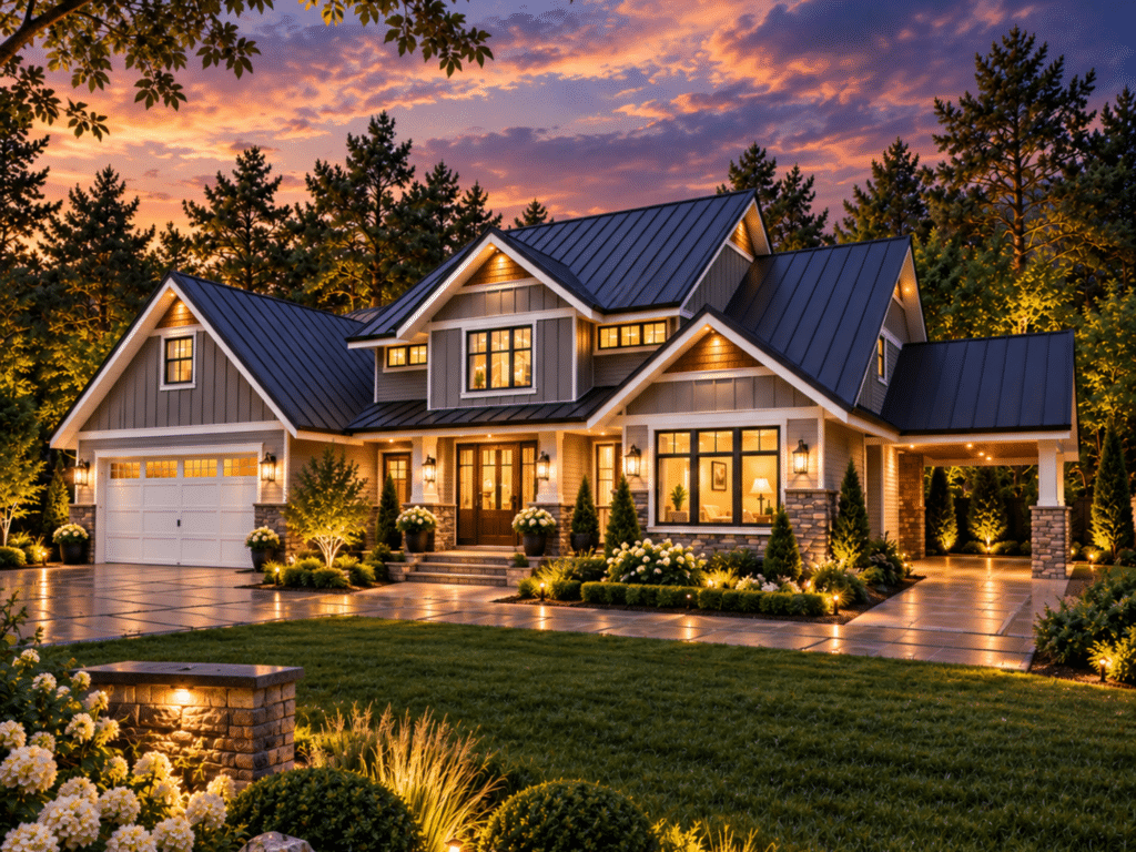 Victoria exterior of a luxury cottage-home with a metal roof, covered entry, attached garage, glowing landscape lighting, and a warm twilight setting.