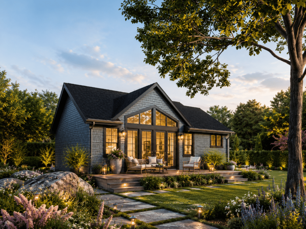 Water’s Edge cottage-home model with grey shingle siding, vaulted front glazing, black-framed windows, landscaped grounds and a welcoming deck.