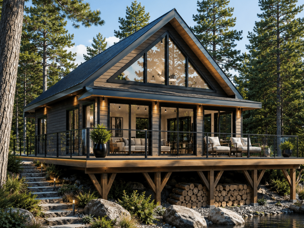 Woodside exterior of a modern cottage-home with a steep gable roof, expansive wraparound deck, large windows, black-framed glazing and a landscaped waterfront setting.