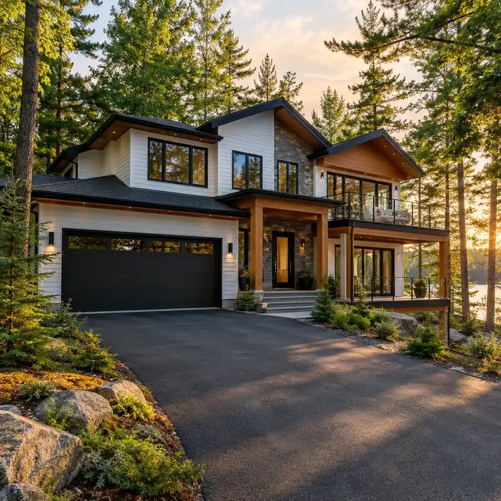 2 bedroom prefab home by My Own Cottage on Lake Muskoka: white siding, stone feature wall, timber posts, glass-railed decks and an attached garage