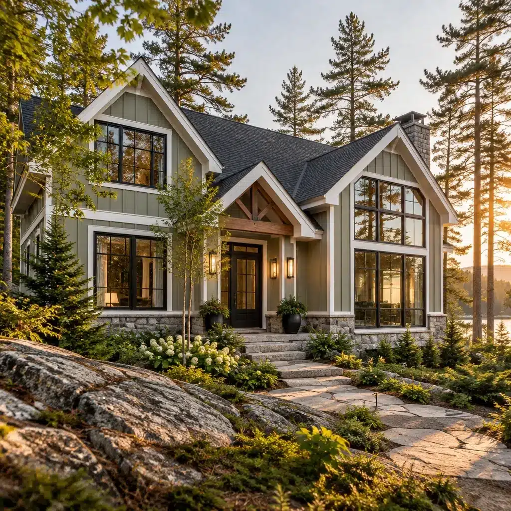 2 bedroom prefab home by My Own Cottage in Muskoka: sage board-and-batten, black-framed windows, stone base and granite shoreline