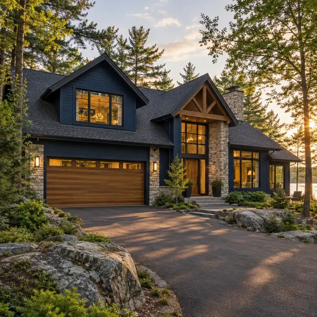 Two-storey 2 bedroom prefab home by My Own Cottage, its upper floor under a steep roof with a large dormer, navy siding and stone columns