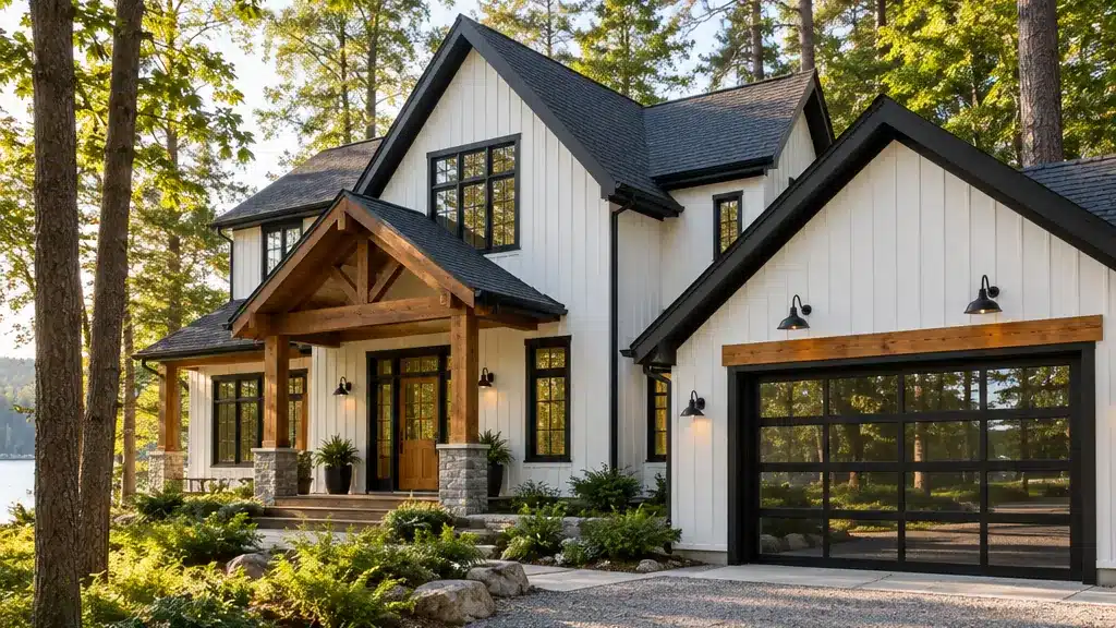 3 bedroom home, completed build, Muskoka region: a two-storey My Own Cottage home with white board-and-batten siding and a timber-frame entry porch