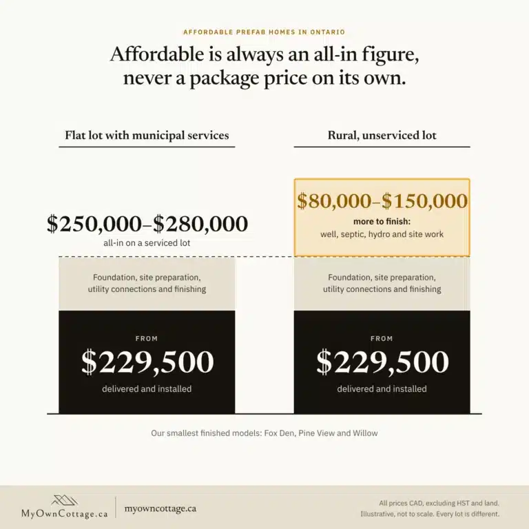 Same $229,500 home: $250,000–$280,000 all-in on a serviced lot, $80,000–$150,000 more on a rural unserviced lot