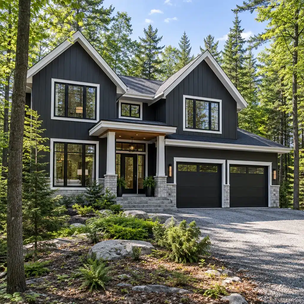 Completed two-storey My Own Cottage prefab home in Muskoka with dark board-and-batten siding and an attached double garage