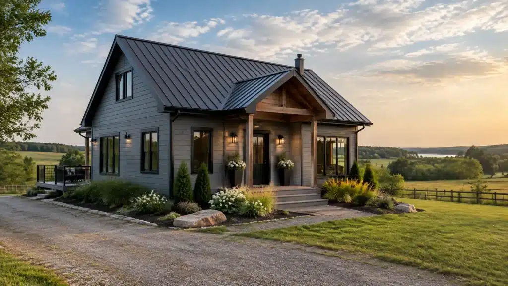 Custom home builders Kawartha Lakes: a My Own Cottage year-round home on a rural lot with a gravel drive and open farmland