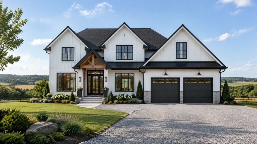 Custom home builders Oshawa: a My Own Cottage custom home design, two storeys with a double garage, on a rural lot
