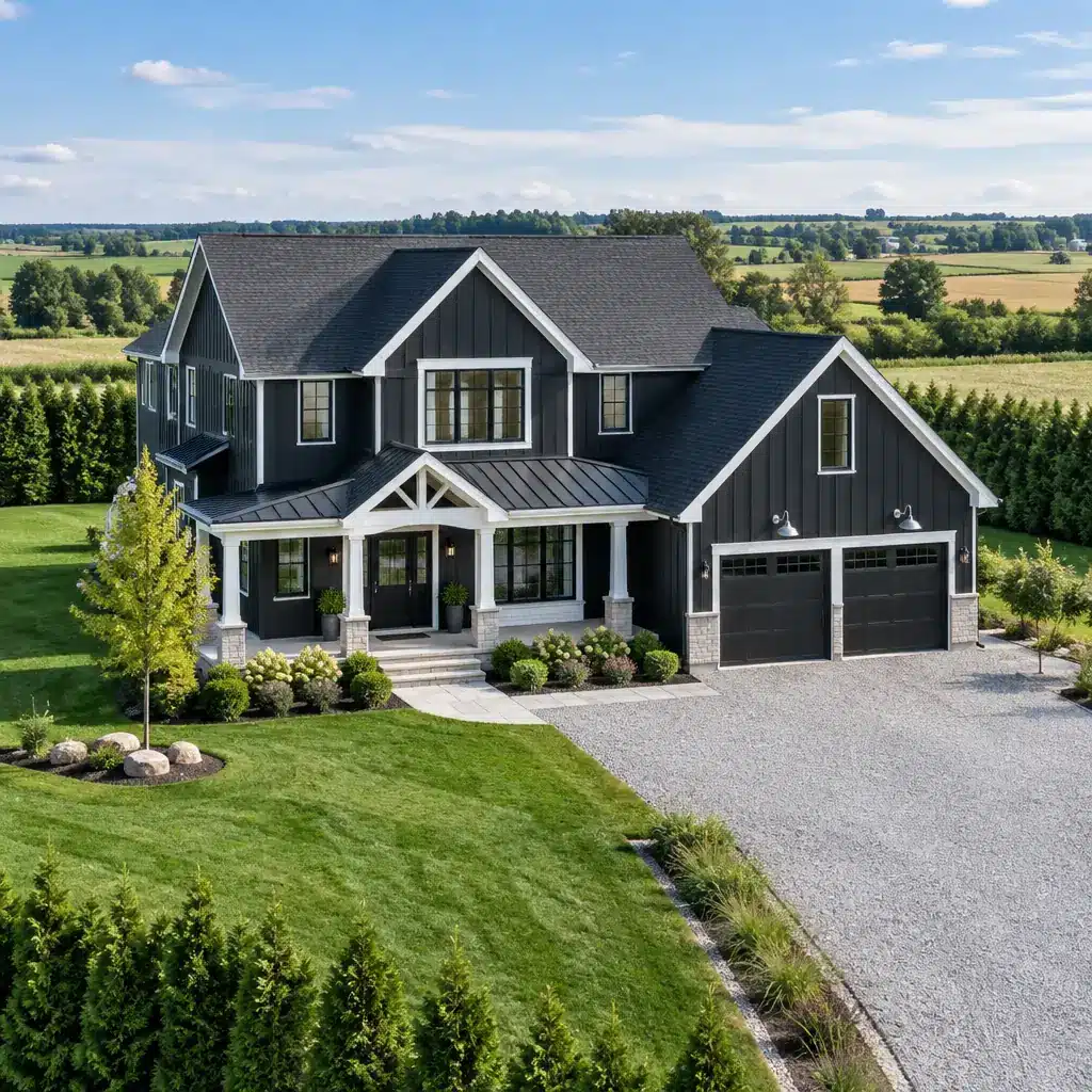 Custom Home Design for an Oshawa Rural Lot | My Own Cottage Custom home design for an Oshawa rural lot: a two-storey My Own Cottage home with a covered front porch and a double garage